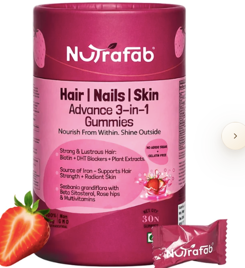 Nutrafab Hair Skin Nails Gummies – Product Jar with Strawberry