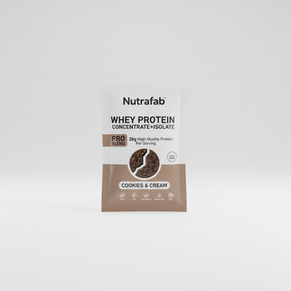 Nutrafab Whey Protein Cookies & Cream – Single Sachet Clean White Background