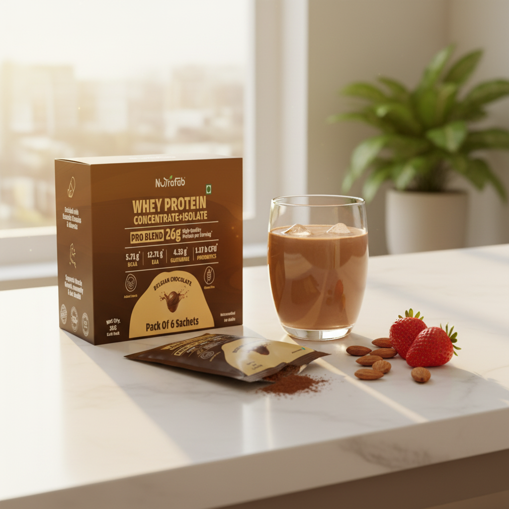 Whey Protein box and sachet on white kitchen counter with chocolate shake in morning sunlight