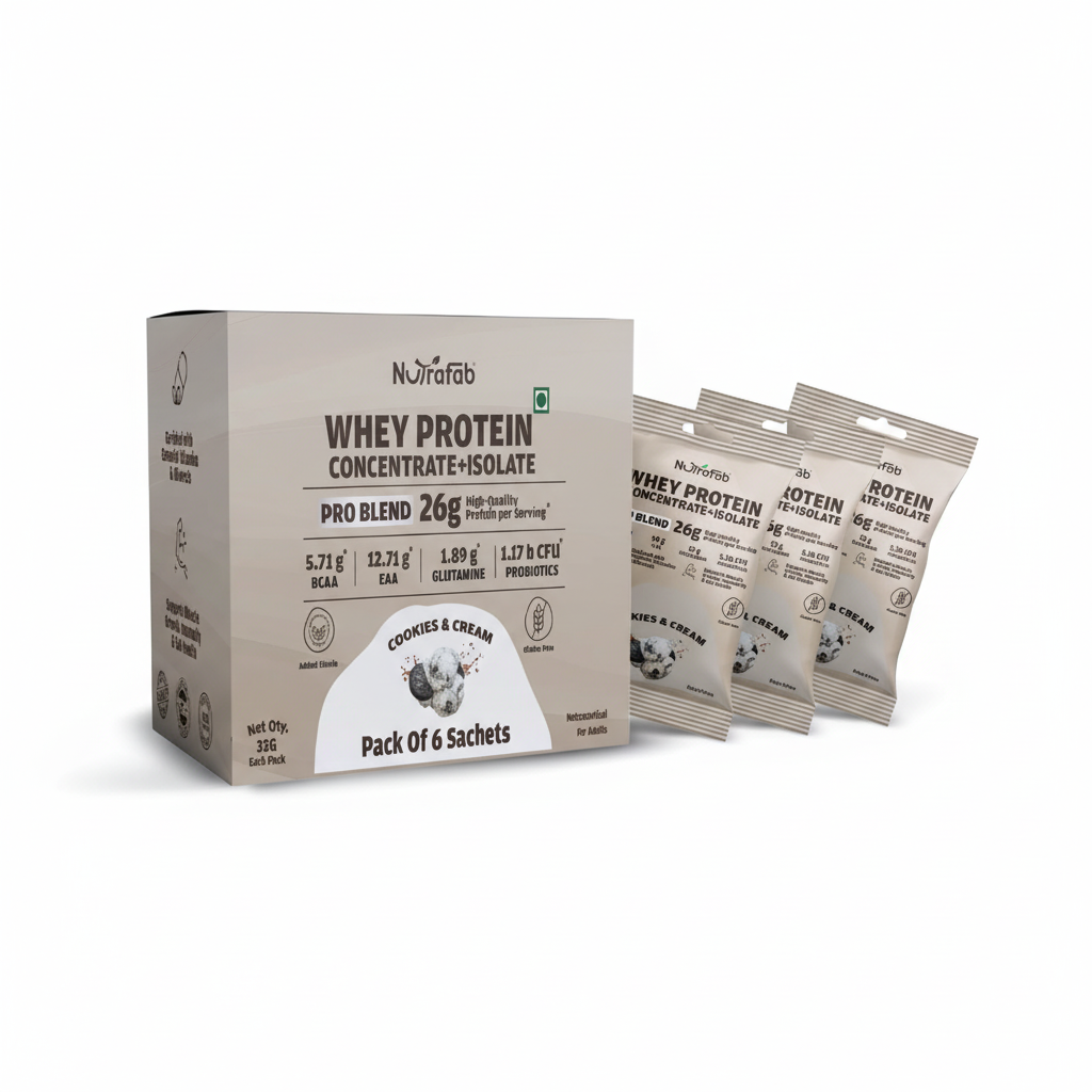 Nutrafab Whey Protein Cookies & Cream – 6 Sachets Trial Pack, Clean White Background