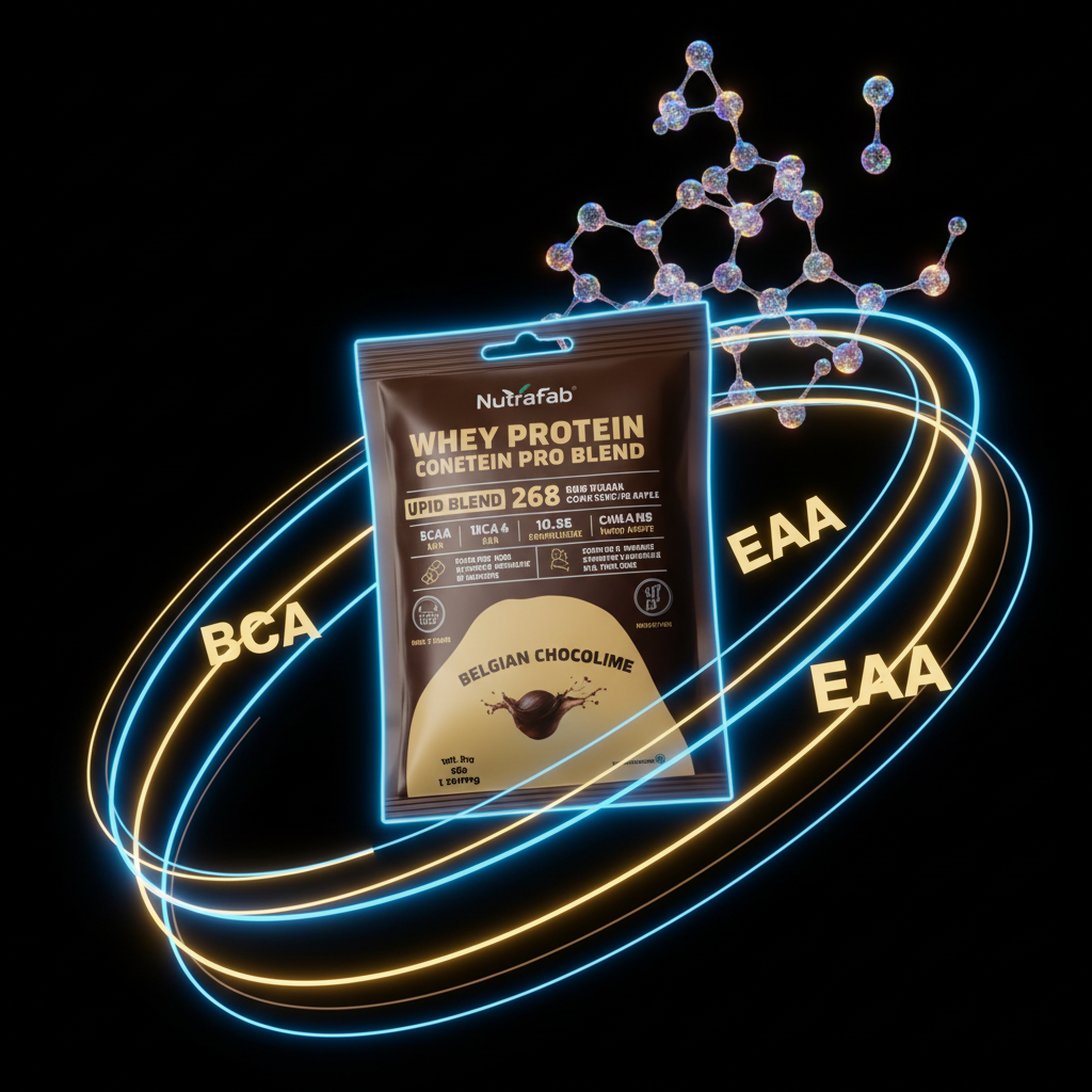 Nutrafab Whey Protein sachet with neon blue and gold energy lines on black background