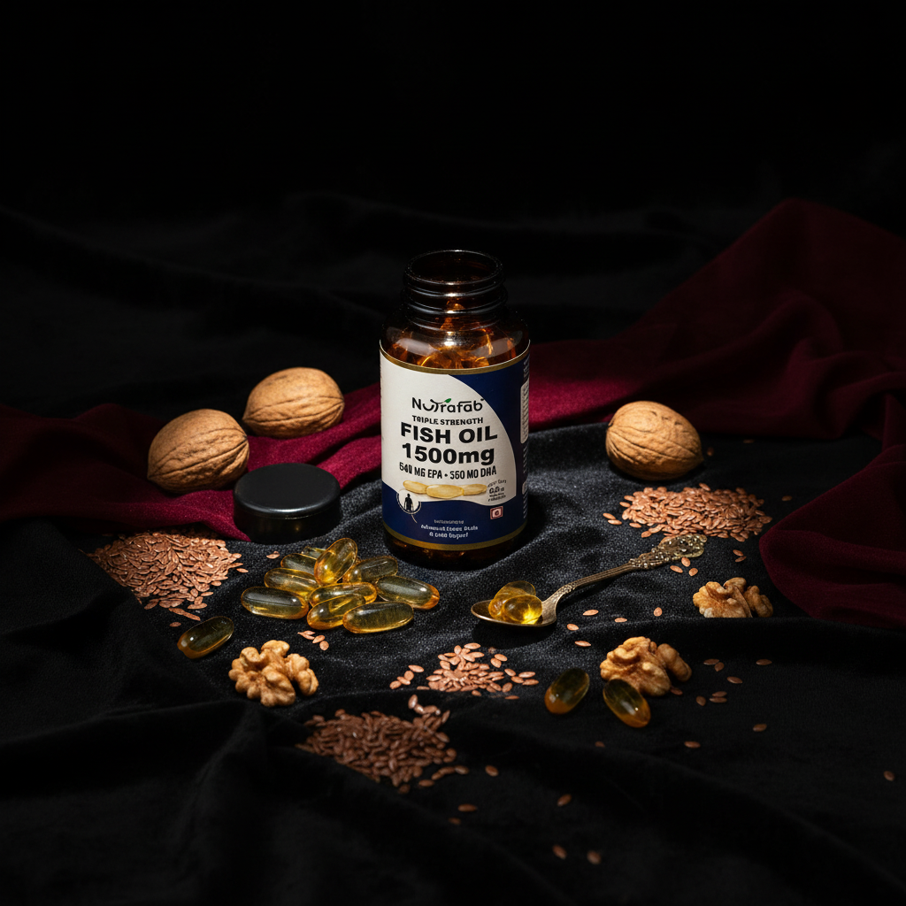 Fish Oil luxury dark apothecary shot on black velvet with golden spotlight and spilling capsules