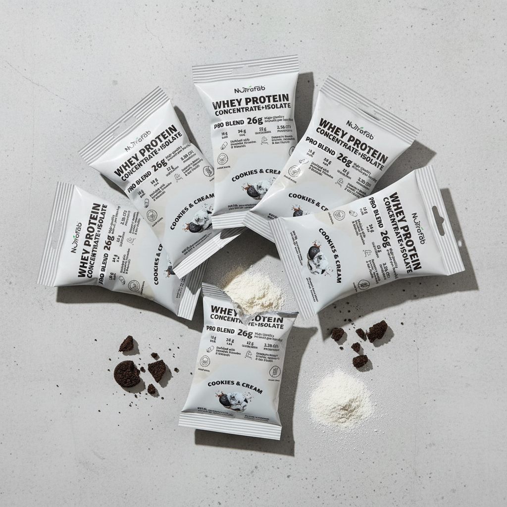 Nutrafab Whey Protein Cookies & Cream – 6 Sachets Flat Lay