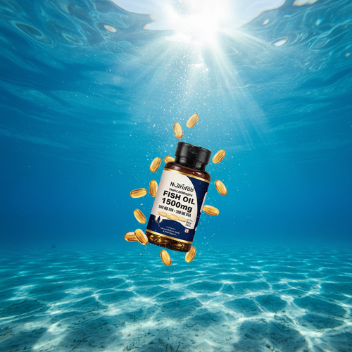 Fish Oil 1500mg bottle submerged at ocean surface with golden capsules floating in turquoise water
