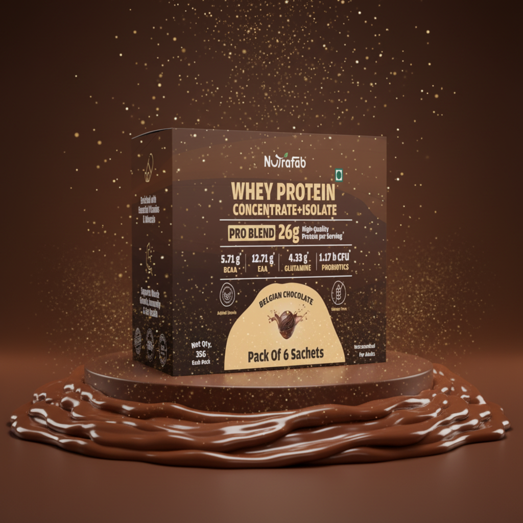 Nutrafab Whey Protein box on pedestal with Belgian chocolate river flowing around it