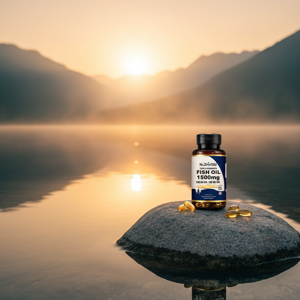 Fish Oil bottle at misty mountain lakeside at golden sunrise with amber tones