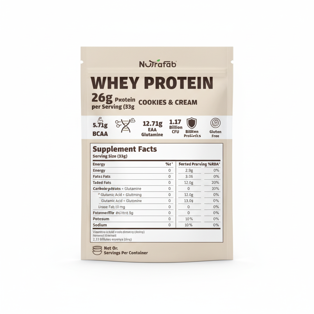 Nutrafab Whey Protein Cookies & Cream – Nutritional Highlights Label Infographic