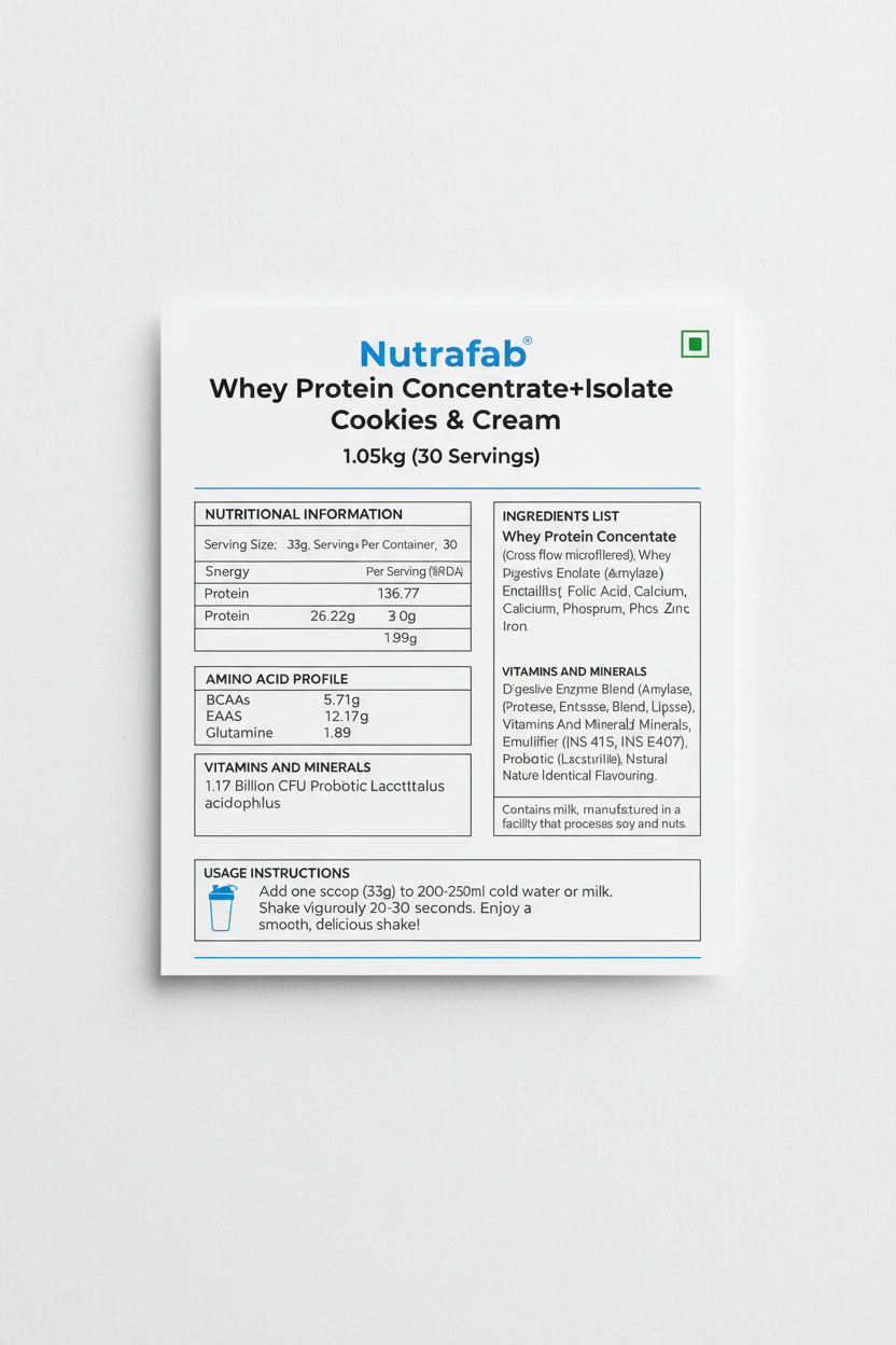 Nutrafab Whey Protein Cookies & Cream – Back Label Nutritional Info