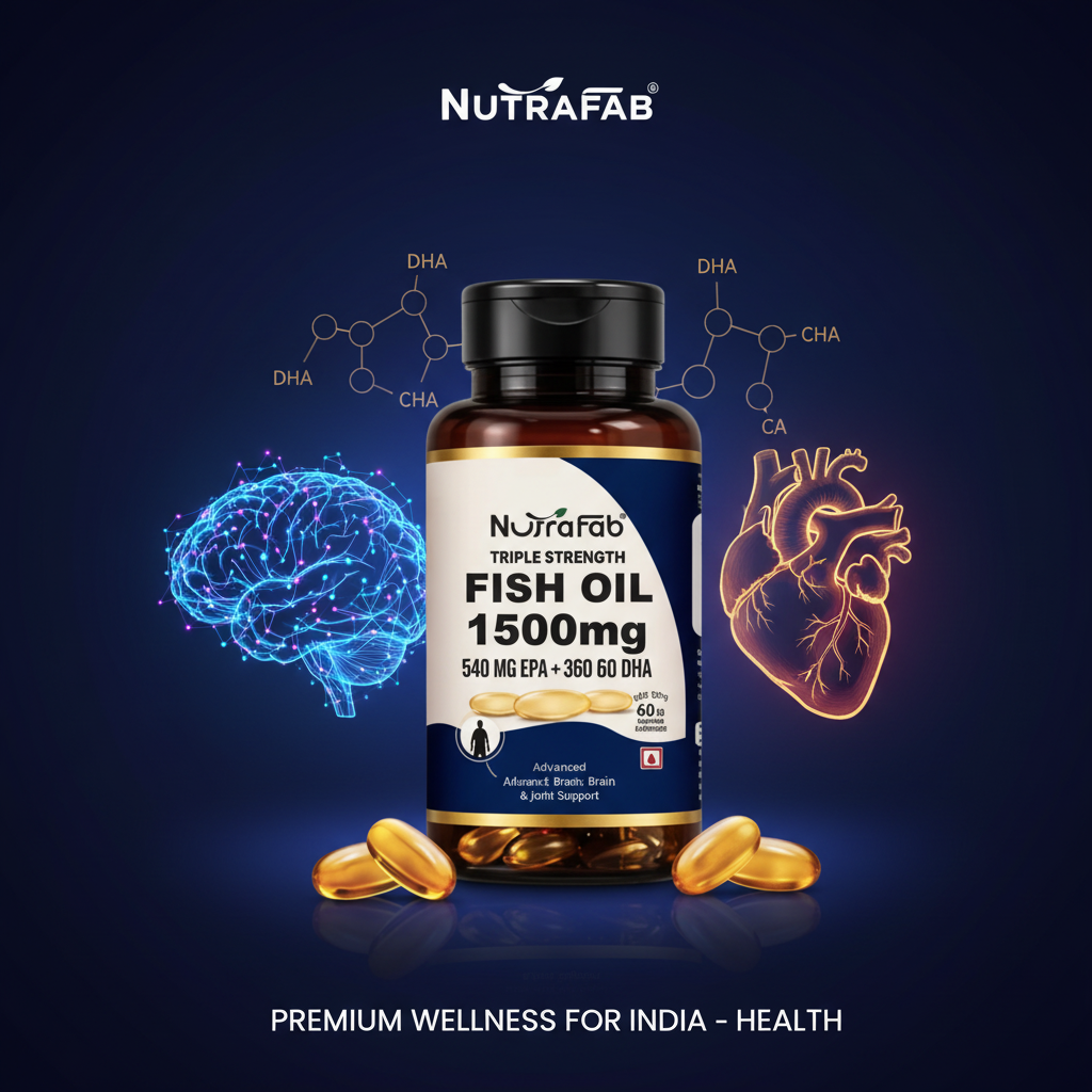 Fish Oil brain and heart health science infographic with glowing neural network on midnight blue