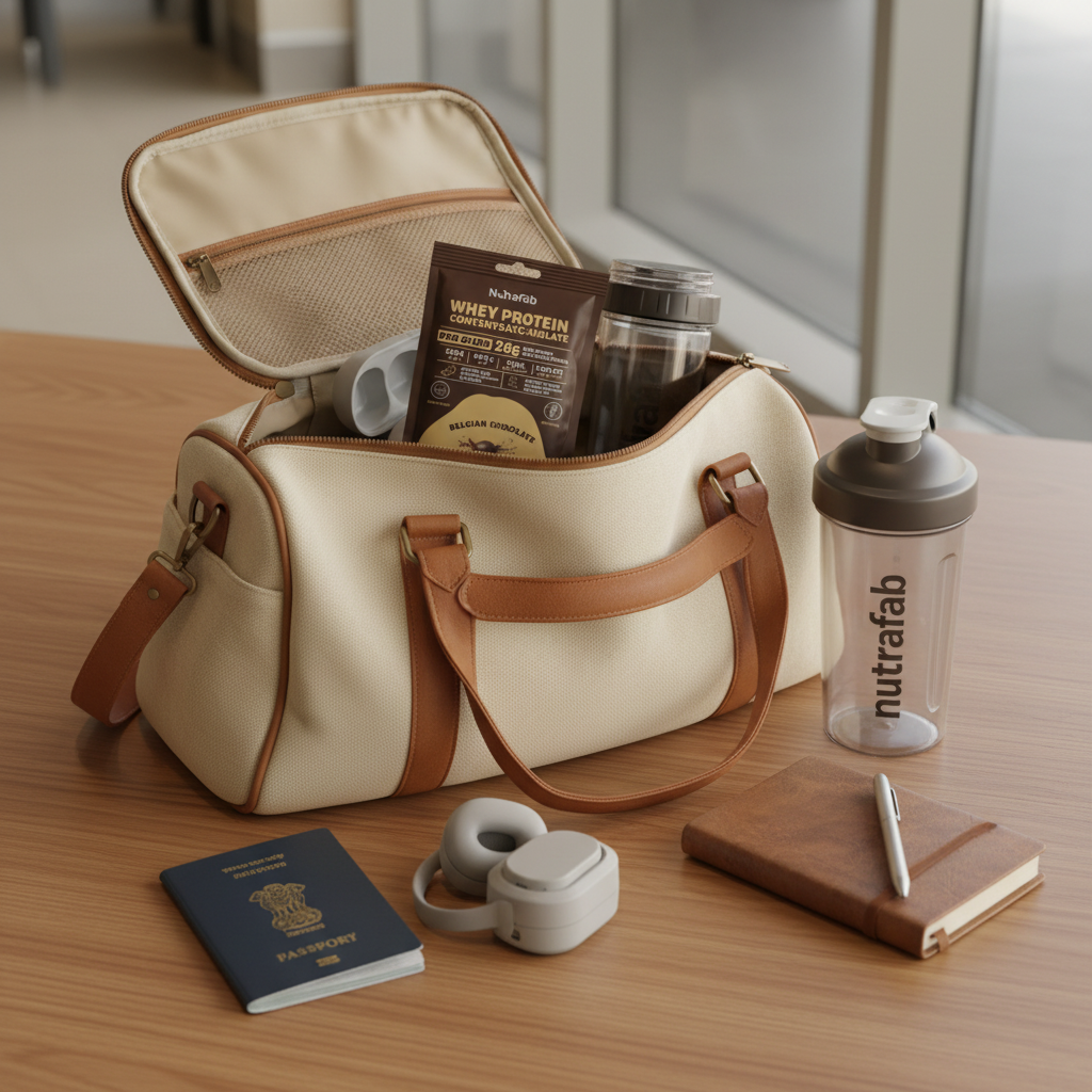 Whey Protein sachet in gym bag with passport and shaker for travel convenience