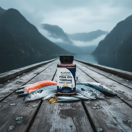 Fish Oil bottle on Nordic dock with fresh fish and misty fjord backdrop