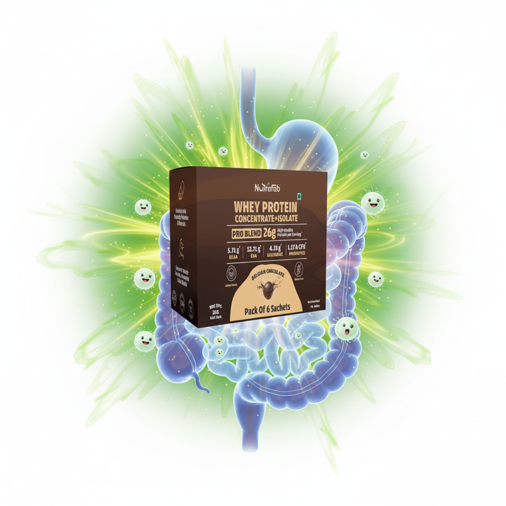 Whey Protein box with glowing gut anatomy and probiotic bacteria science illustration