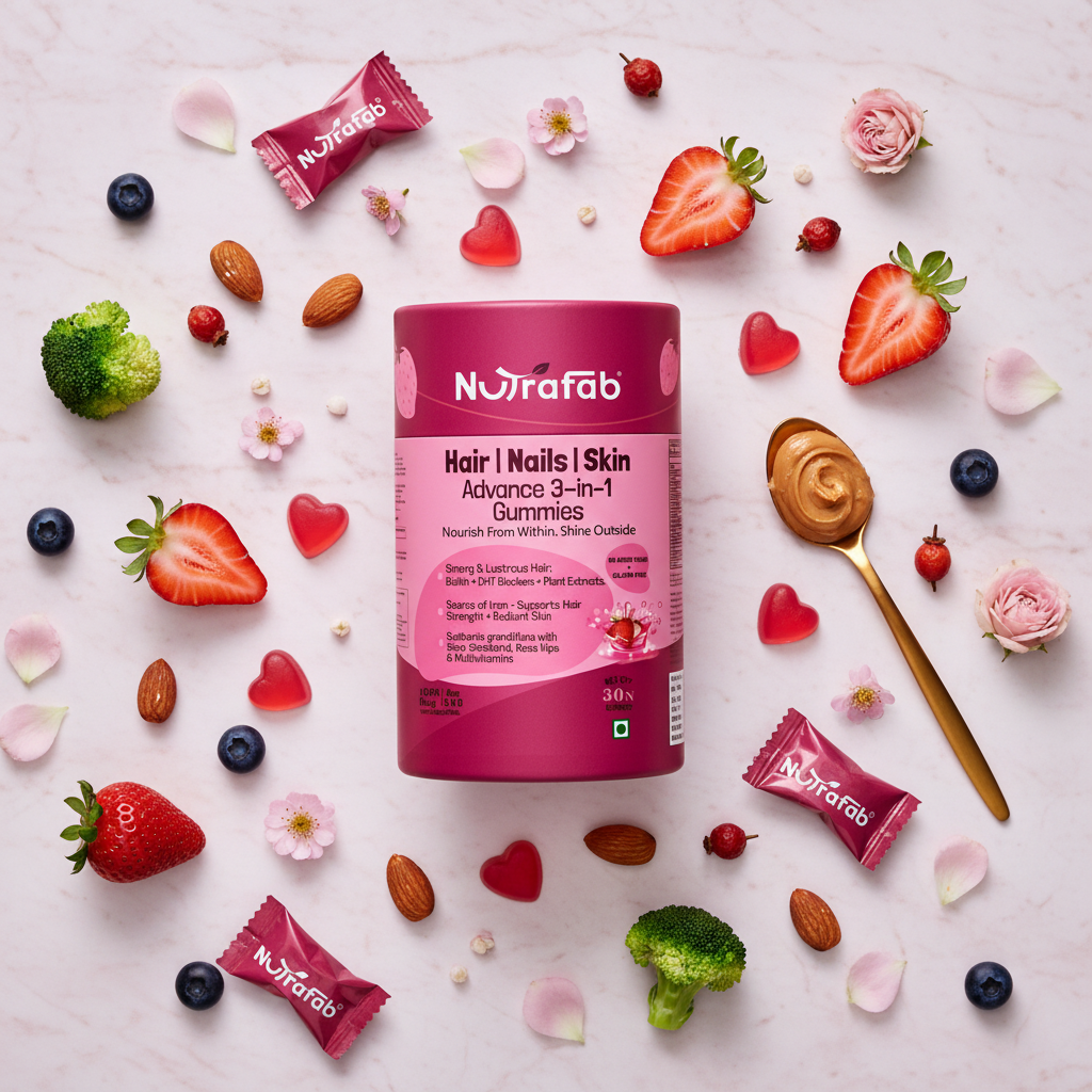 Nutrafab Hair Skin Nails Gummies – Flat Lay with Ingredients